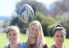 School rugby players Charna Thompson, 18, Laura Stielow, 16, and Tash Kara, 17, are off to Christchurch tomorrow to compete against the best schools in Christchurch in a 10s competition. Photo: Andrew Board.