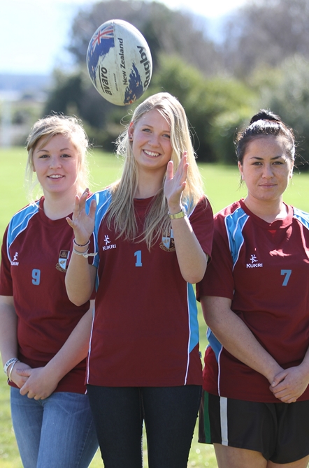 School rugby players Charna Thompson, 18, Laura Stielow, 16, and Tash Kara, 17, are off to Christchurch tomorrow to compete against the best schools in Christchurch in a 10s competition. Photo: Andrew Board.