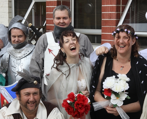 Stoke bride Julia Lines has a laugh with other guests and her husband Brent (centre back) at her medieval-themed wedding on Saturday. Photo: Sinead Ogilvie.