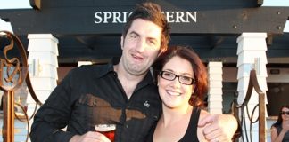 Owners of Sprig & Fern Tahuna, Ben and Holly Douglas, celebrate the opening of the bar with friends and family on Saturday. The bar will open to the public tomorrow. Photo: Andrew Board.