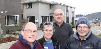 Members of the Nelson Tasman Housing Trust at the first stage of their new development on St Lawerence St. They are from left; Keith Preston (director), Kindra Douglas (trustee), David Johnston (trustee) and Doug McLearie (chairman). Photo: Andrew Board.