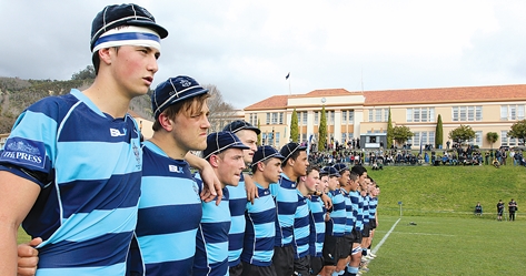 Quin Strange with the rest of the Nelson College 1st XV players as they face a haka performed by their class mates at the Quad Tournament on Monday. Photo: Phillip Rollo.