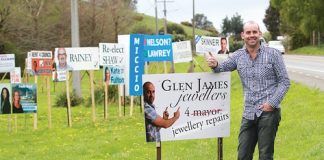 Nelson jeweller Glen James was told to pull down his billboard along Waimea Rd last week. He put up the billboard next to all the billboards advertising the candidates for Nelson City Council. Photo: Andrew Board.