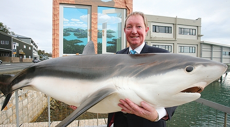 Nelson MP Nick Smith with a thresher shark from the collection of preserved marine life that will be on display in the proposed fishing and marine museum in the Plant and Food building on Rocks Rd. Photo: Simon Bloomberg.