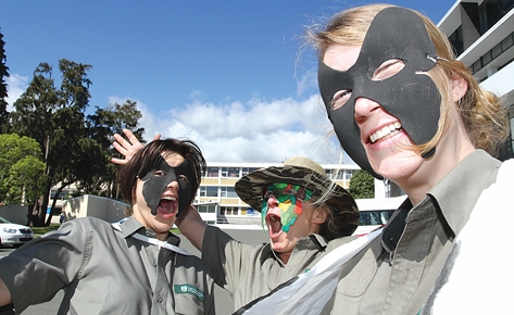 Department of Conservation staff members who will be participating in the masked parade this Friday. They are, from left, KJ Cronin, Winnie Luthje and Petra Bolitho. Photo: Andrew Board.