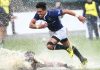 Nelson’s Tima Faingaanuku dodges the Harlequins defence and the puddles, as he makes a break at Trafalgar Park on Saturday. Photo: Evan Barnes/Shuttersport.