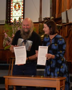 Lewis Stanton and Mayor Rachel Reese with their signed apologies last week. Photo: Brittany Spencer.